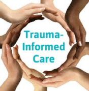 Circling hands around the words "Trauma Informed Care"