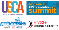 Four logos: U.S.C.A, Biomedical HIV Summit, Youth Initiative, HIV 50+ Strong